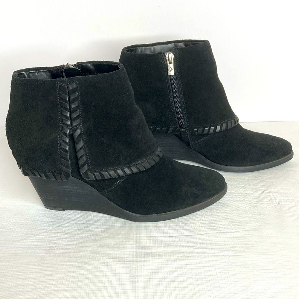 REBA Boots Black Suede Leather Cuff Wedge Ankle Boots